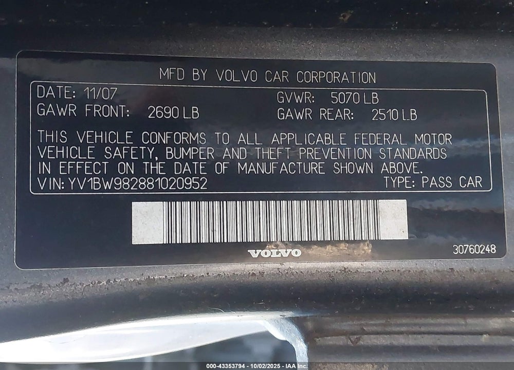 2008 VOLVO V70 3.2 VIN: YV1BW982881020952