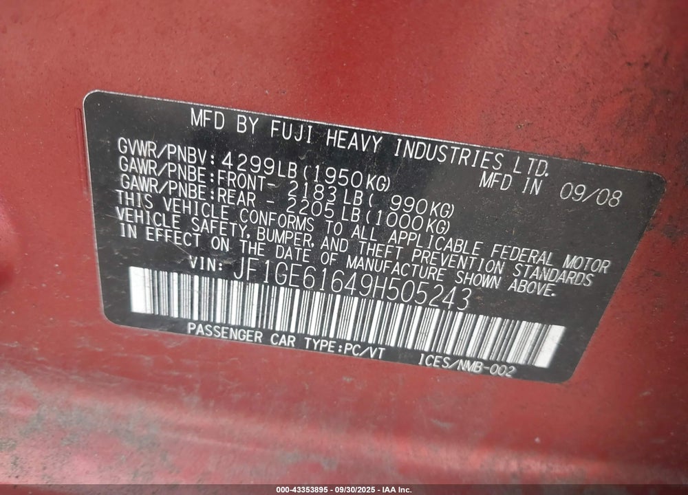 2009 SUBARU IMPREZA VIN: JF1GE61649H505243