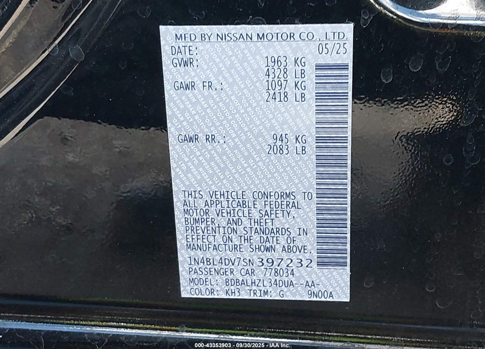2025 NISSAN ALTIMA SV FWD VIN: 1N4BL4DV7SN397232