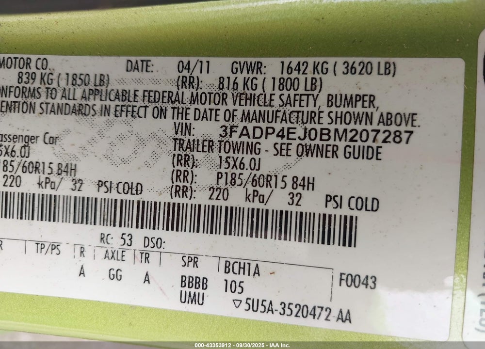 2011 FORD FIESTA VIN: 3FADP4EJ0BM207287