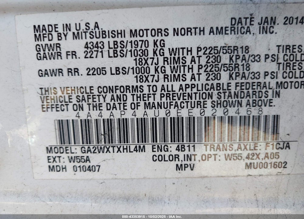 2014 MITSUBISHI OUTLANDER SPORT VIN: 4A4AP4AU0EE020468