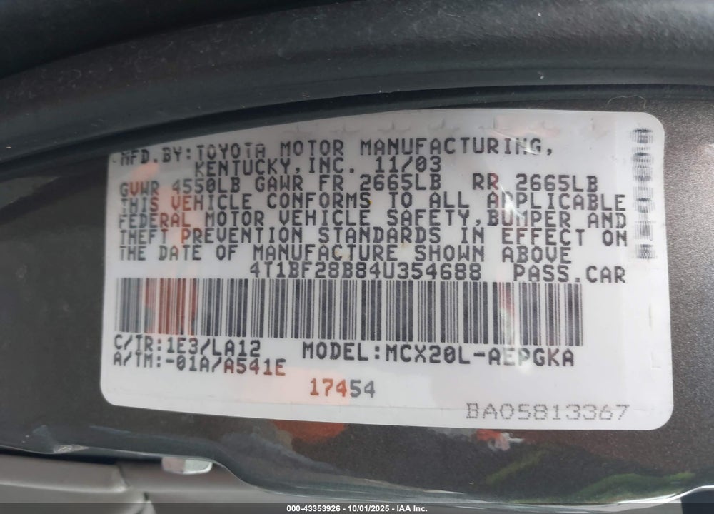2004 TOYOTA AVALON XLS VIN: 4T1BF28B84U354688