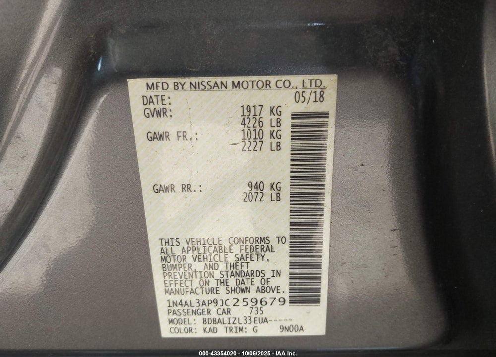 2018 NISSAN ALTIMA 2.5 SV VIN: 1N4AL3AP9JC259679