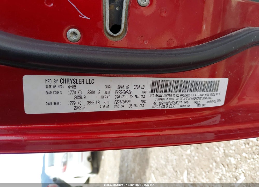 2009 DODGE RAM 1500 SLT/SPORT/TRX VIN: 1D3HV18T19S809217