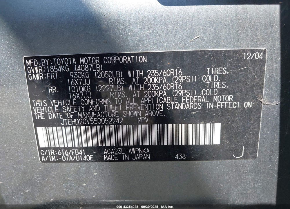 2005 TOYOTA RAV4 VIN: JTEHD20V550052242