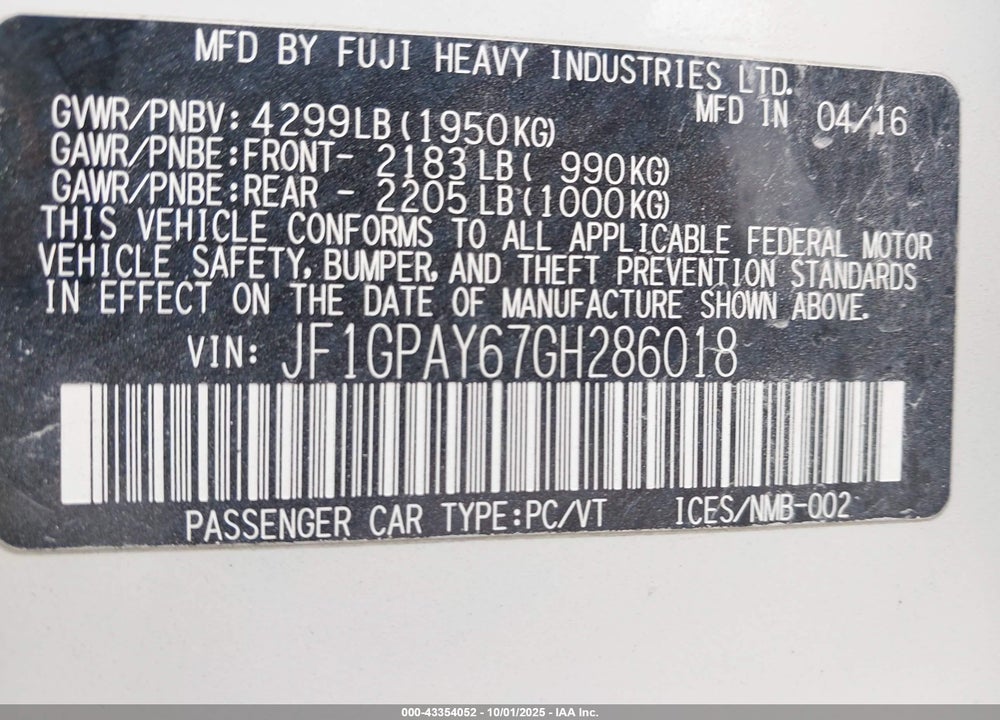 2016 SUBARU IMPREZA VIN: JF1GPAY67GH286018