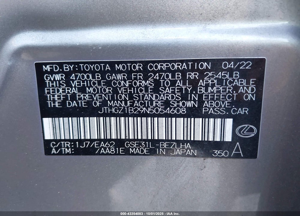 2022 LEXUS IS 350 F-SPORT VIN: JTHGZ1B29N5054608