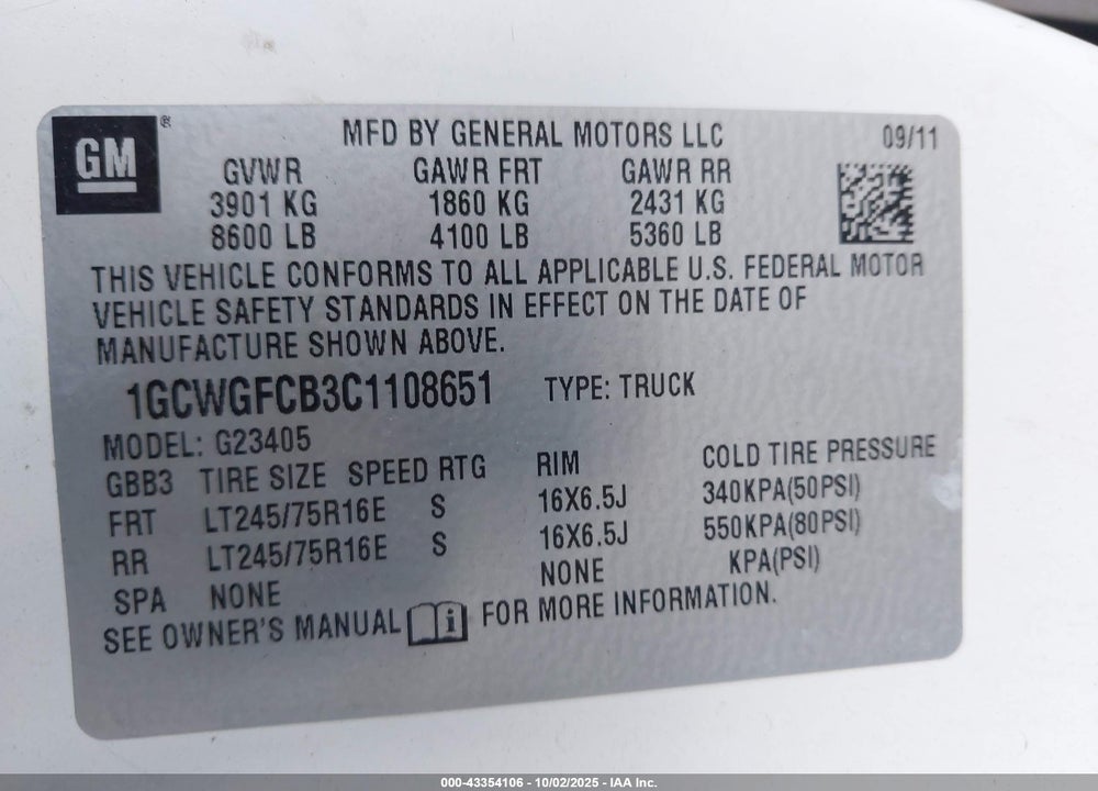 2012 CHEVROLET EXPRESS 2500 VIN: 1GCWGFCB3C1108651