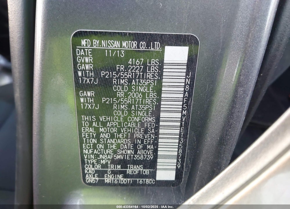 2014 NISSAN JUKE SV VIN: JN8AF5MV1ET358739