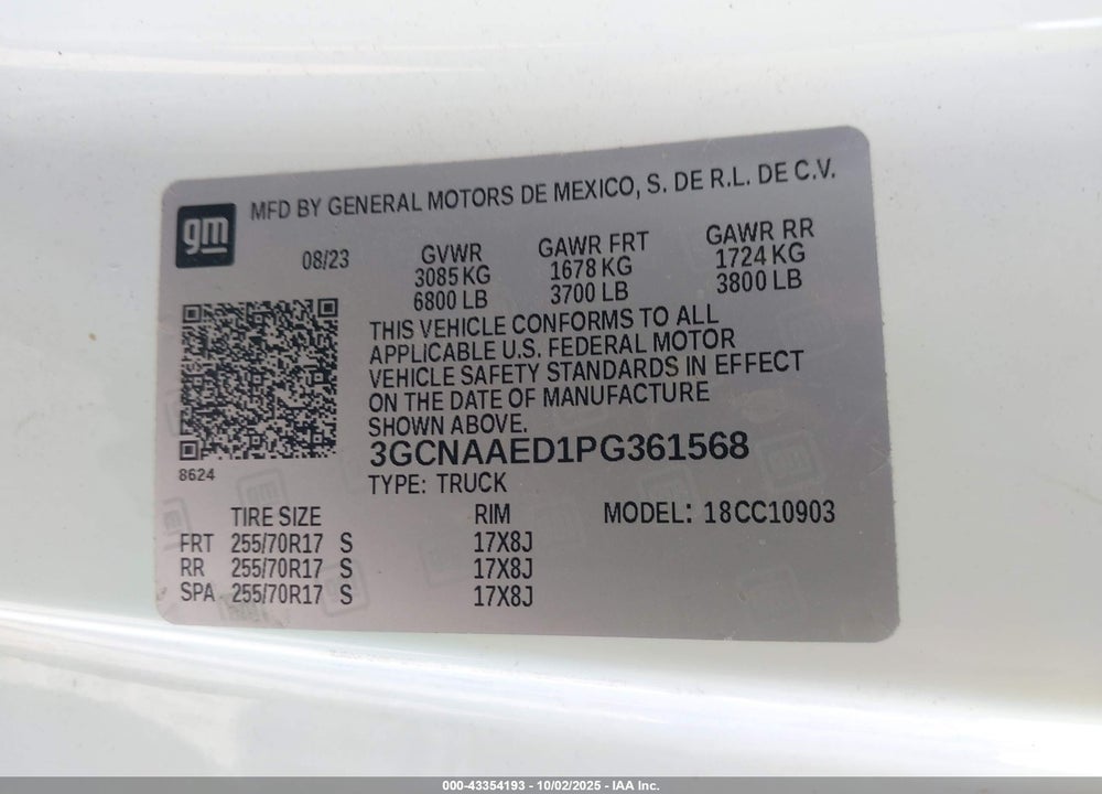 2023 CHEVROLET SILVERADO 1500 VIN: 3GCNAAED1PG361568