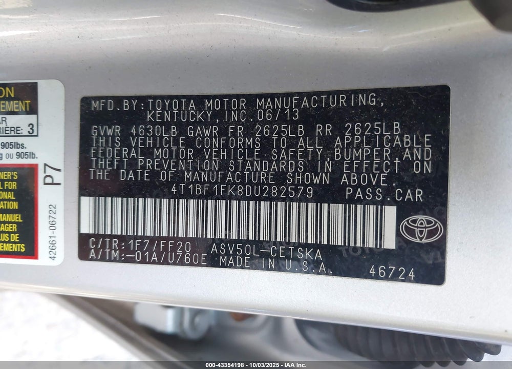 2013 TOYOTA CAMRY VIN: 4T1BF1FK8DU282579