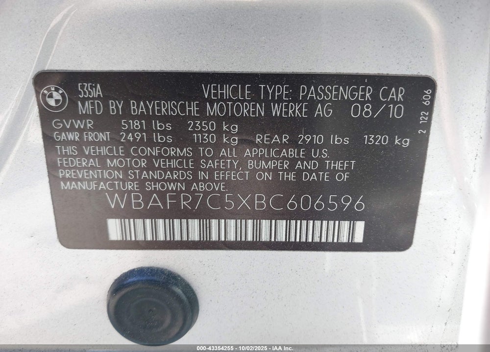 2011 BMW 535I VIN: WBAFR7C5XBC606596