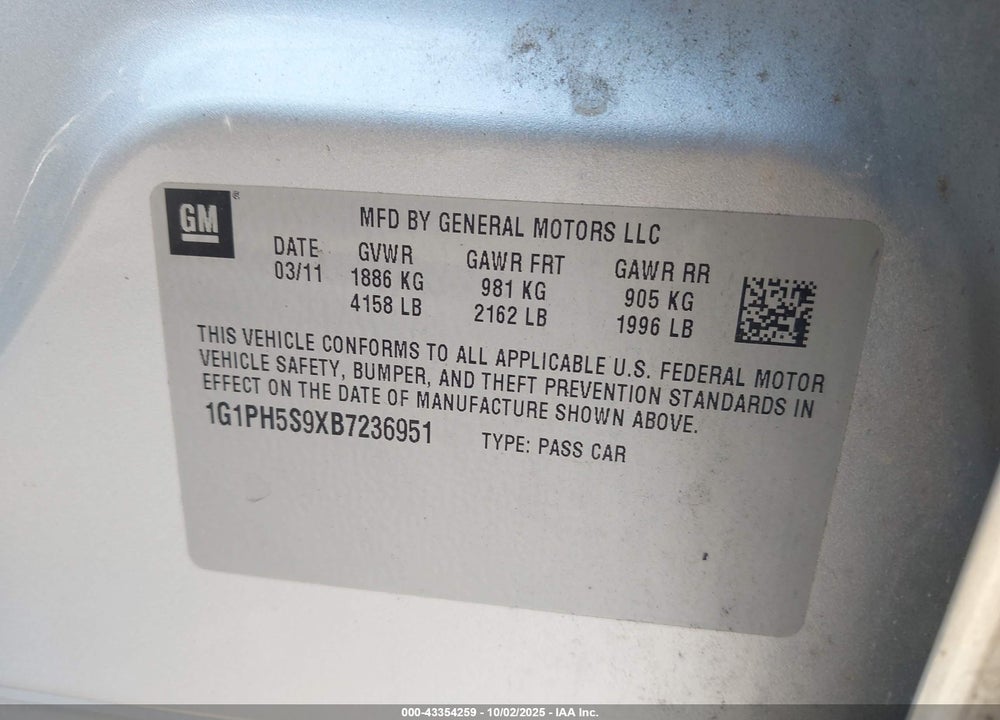 2011 CHEVROLET CRUZE VIN: 1G1PH5S9XB7236951