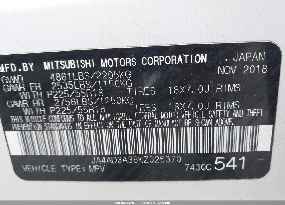 2019 MITSUBISHI OUTLANDER LE VIN: JA4AD3A38KZ025370