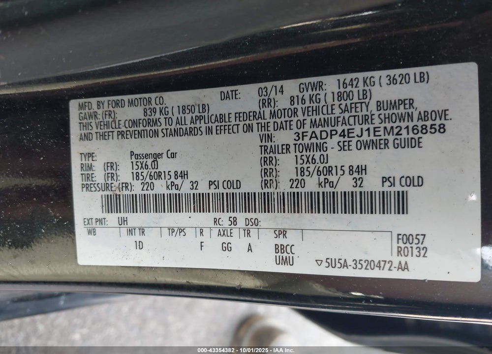 2014 FORD FIESTA SE VIN: 3FADP4EJ1EM216858