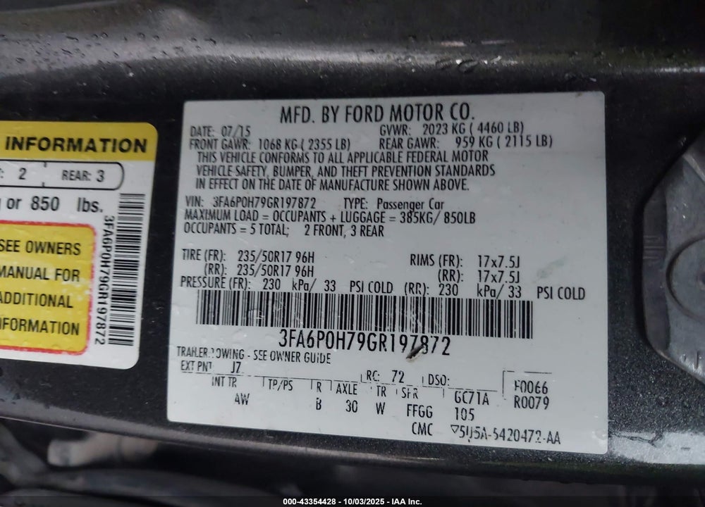 2016 FORD FUSION VIN: 3FA6P0H79GR197872