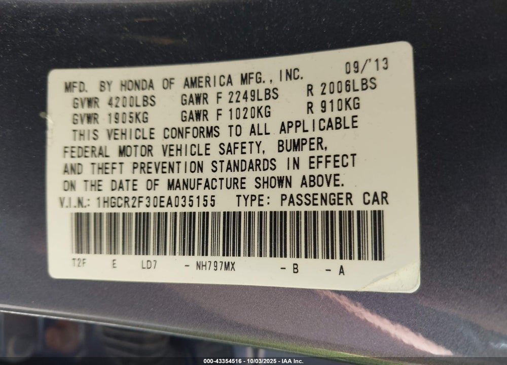 2014 HONDA ACCORD LX VIN: 1HGCR2F30EA035155
