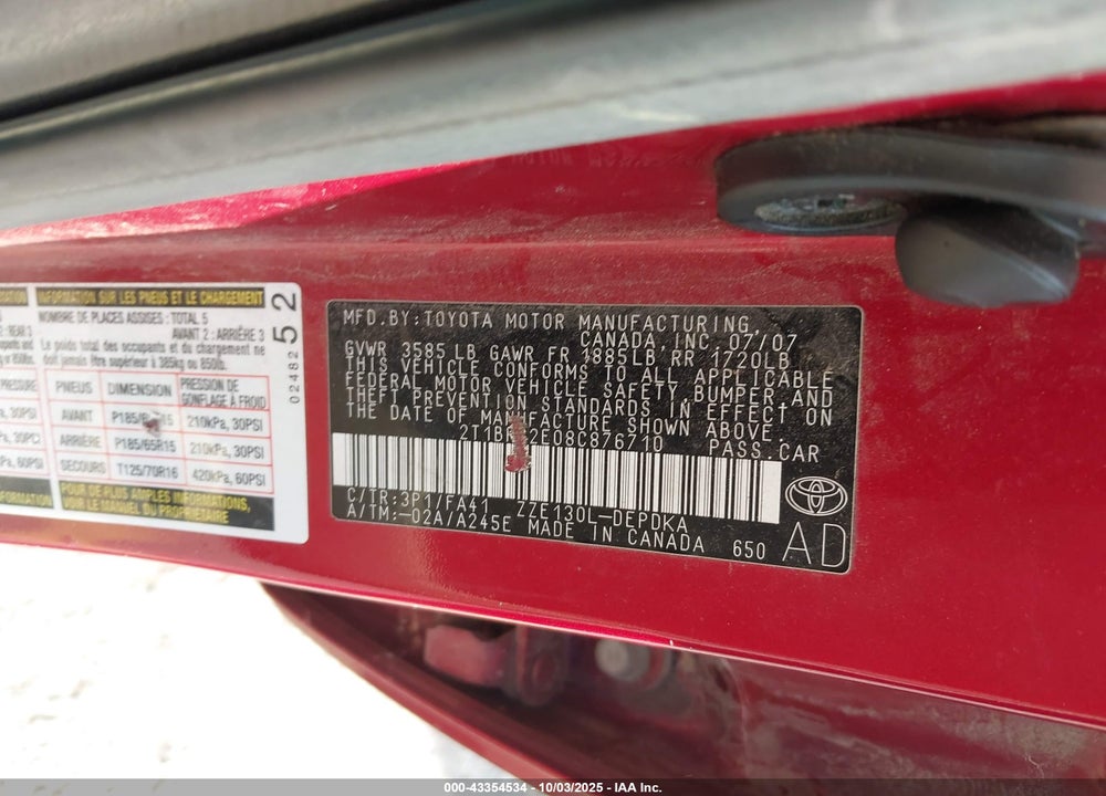2008 TOYOTA COROLLA VIN: 2T1BR32E08C876710
