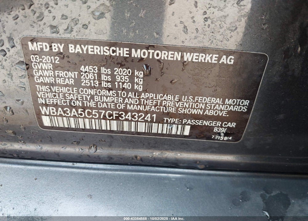 2012 BMW 3 SERIES VIN: WBA3A5C57CF343241