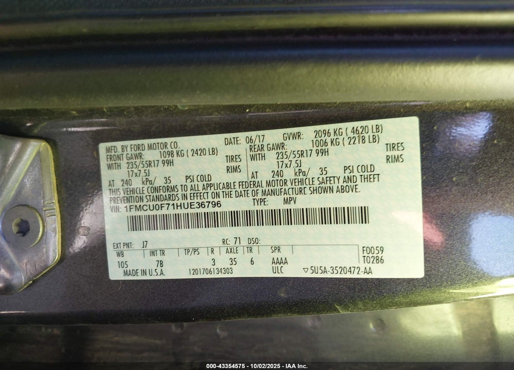 2017 FORD ESCAPE VIN: 1FMCU0F71HUE36796