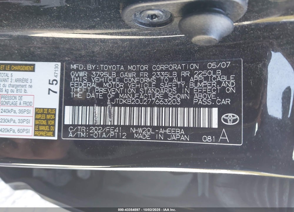 2007 TOYOTA PRIUS VIN: JTDKB20U277663203