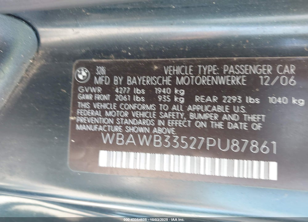 2007 BMW 328I VIN: WBAWB33527PU87861