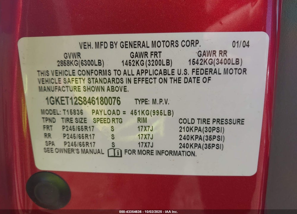 2004 GMC ENVOY XUV SLT VIN: 1GKET12S846180076