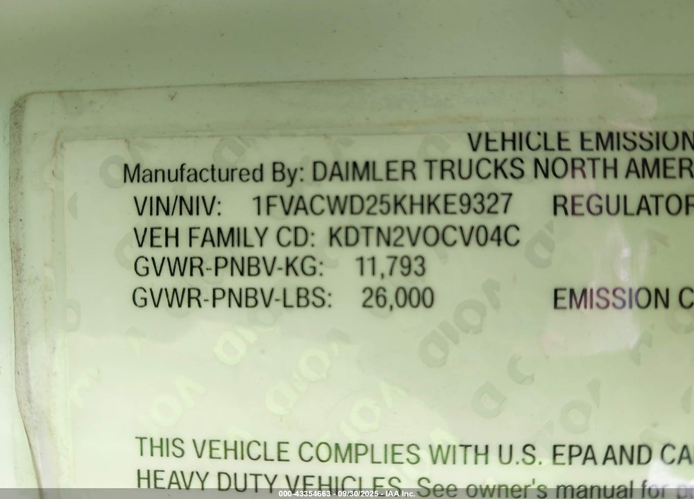 2019 FREIGHTLINER M2 106 VIN: 1FVACWD25KHKE9327