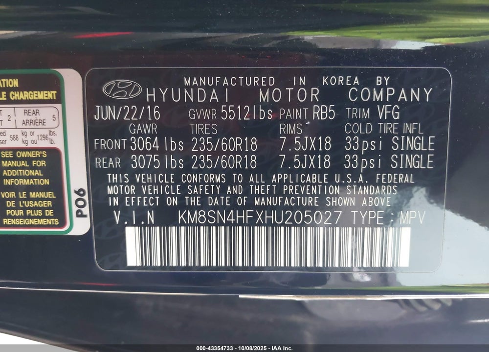 2017 HYUNDAI SANTA FE VIN: KM8SN4HFXHU205027