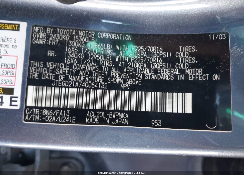 2004 TOYOTA HIGHLANDER VIN: JTEGD21A740084132