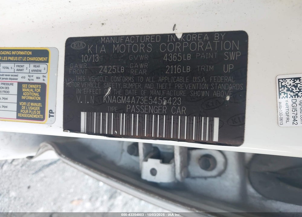 2014 KIA OPTIMA LX VIN: KNAGM4A73E5455423