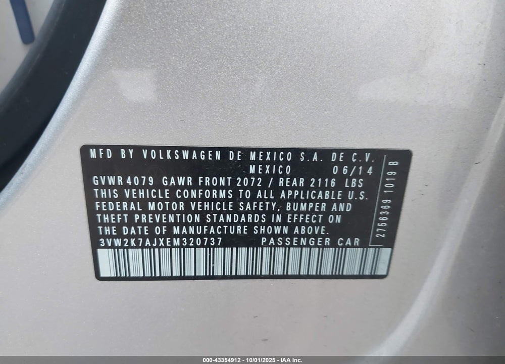 2014 VOLKSWAGEN JETTA VIN: 3VW2K7AJXEM320737