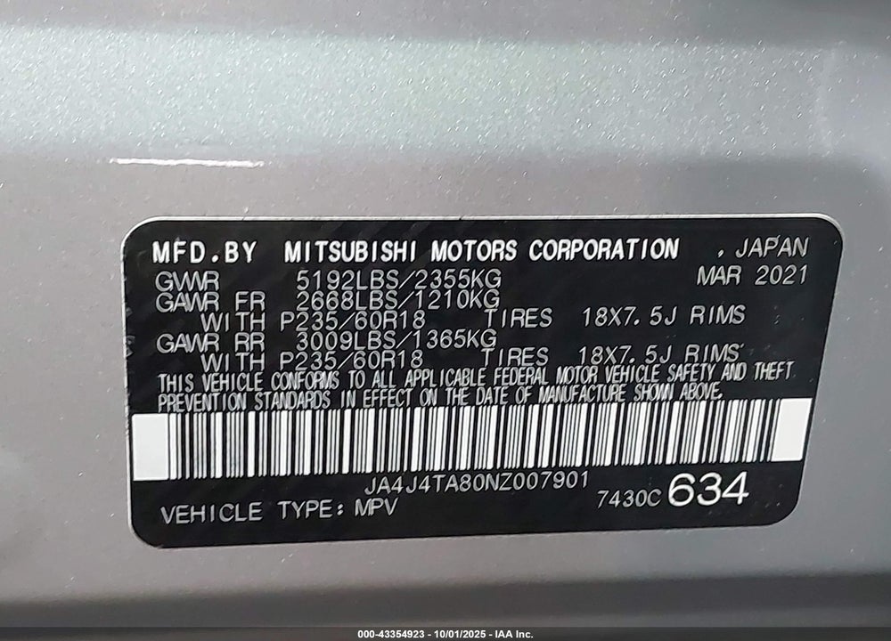 2022 MITSUBISHI OUTLANDER ES 2.5 S-AWC VIN: JA4J4TA80NZ007901