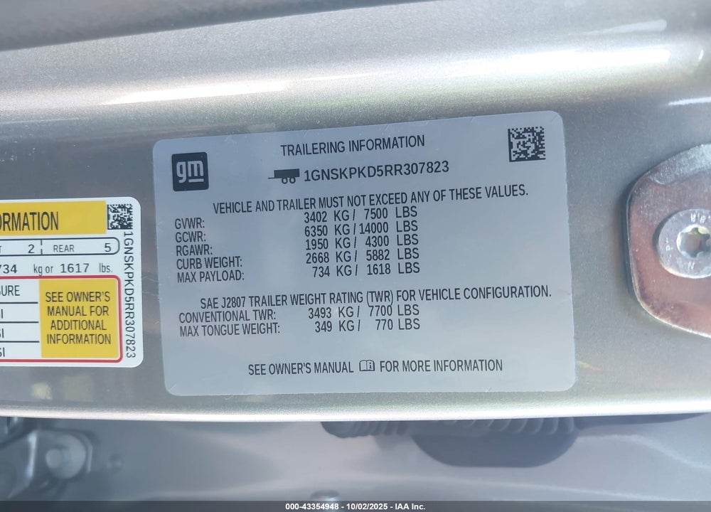 2024 CHEVROLET TAHOE VIN: 1GNSKPKD5RR307823
