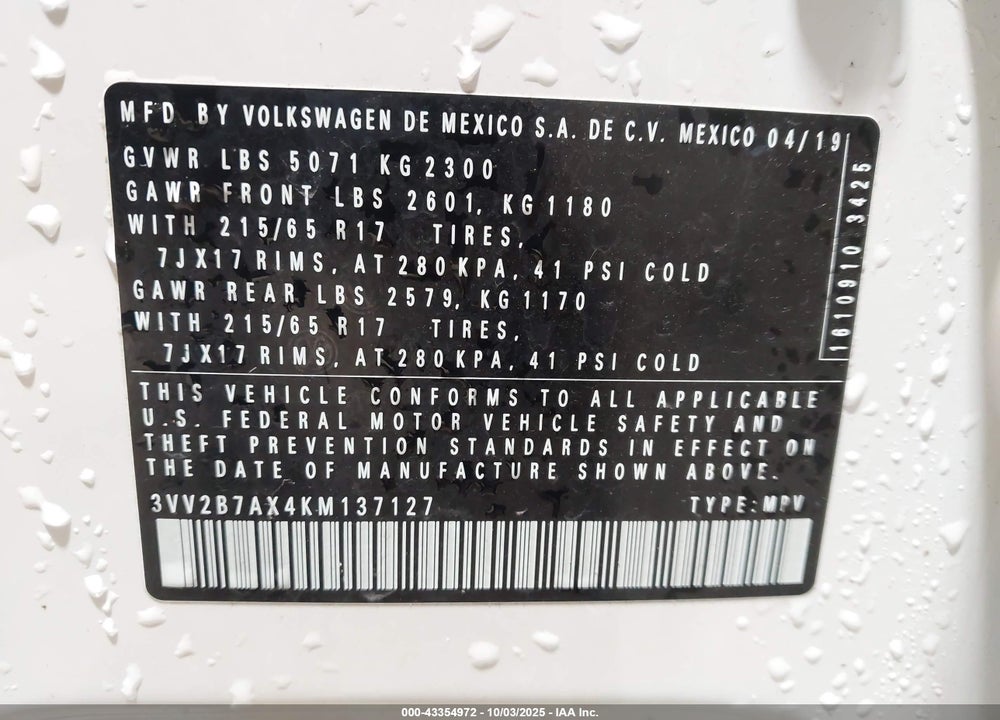 2019 VOLKSWAGEN TIGUAN 2.0T SE/2.0T SEL/2.0T SEL R-LINE/2.0T SEL R-LINE BLACK VIN: 3VV2B7AX4KM137127