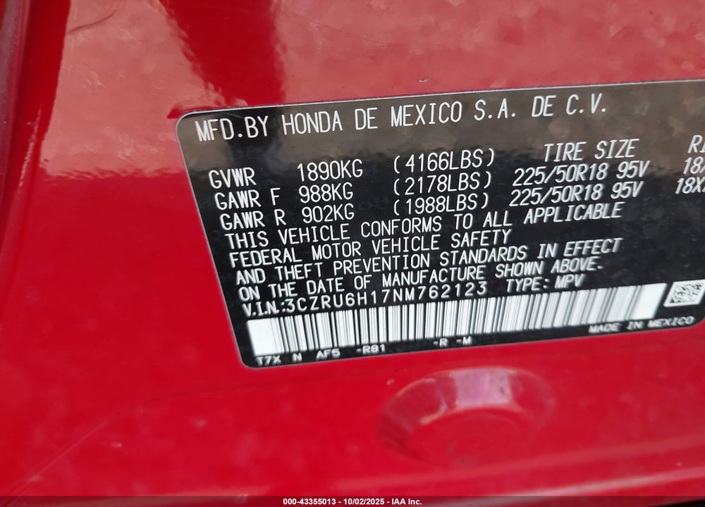 2022 HONDA HR-V VIN: 3CZRU6H17NM762123