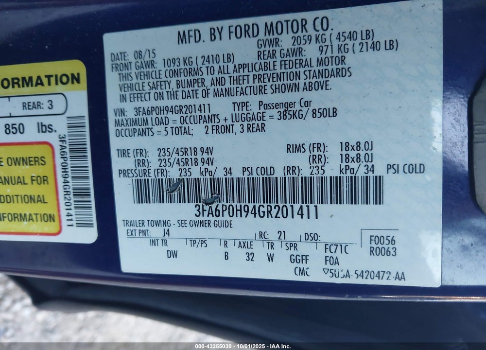 2016 FORD FUSION VIN: 3FA6P0H94GR201411