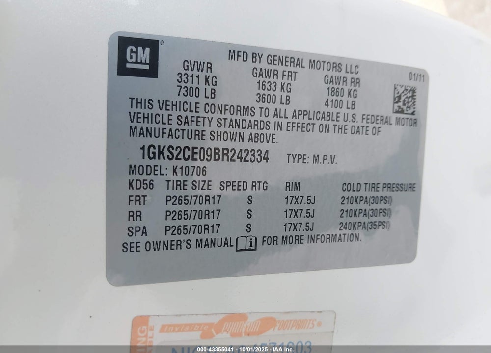 2011 GMC YUKON VIN: 1GKS2CE09BR242334