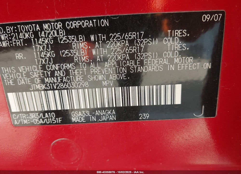 2008 TOYOTA RAV4 LIMITED V6 VIN: JTMBK31V286030298