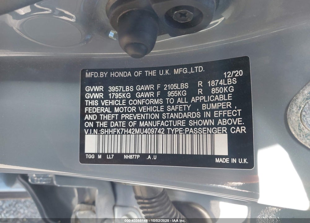 2021 HONDA CIVIC SPORT VIN: SHHFK7H42MU409742