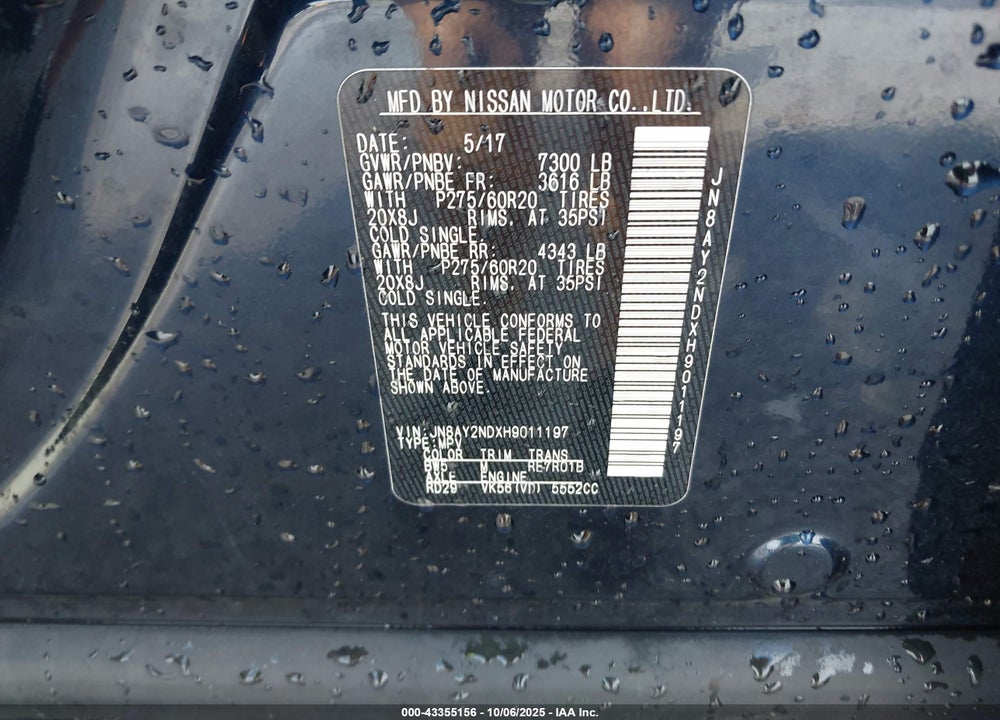 2017 NISSAN ARMADA VIN: JN8AY2NDXH9011197