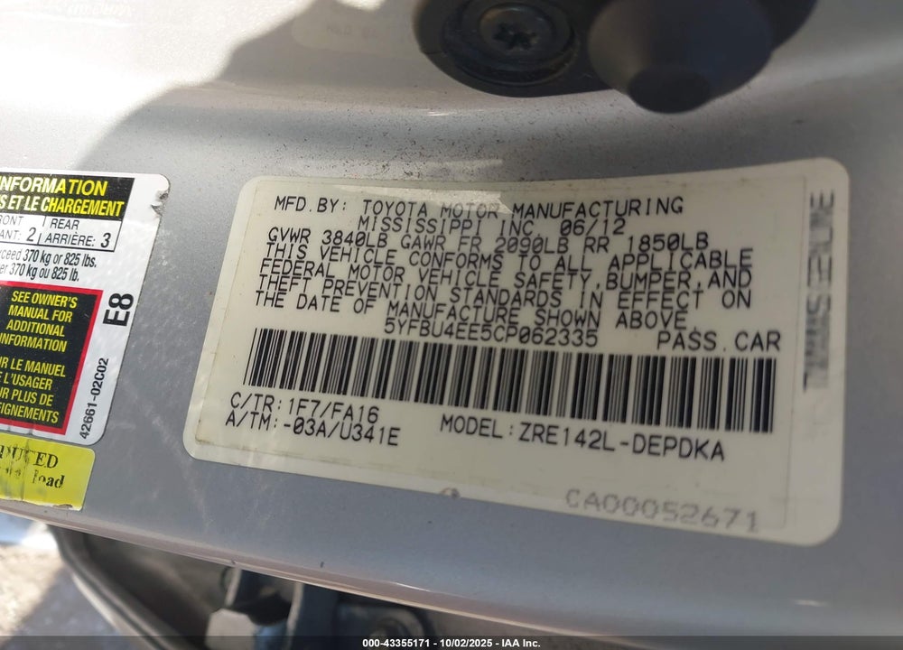 2012 TOYOTA COROLLA L VIN: 5YFBU4EE5CP062335