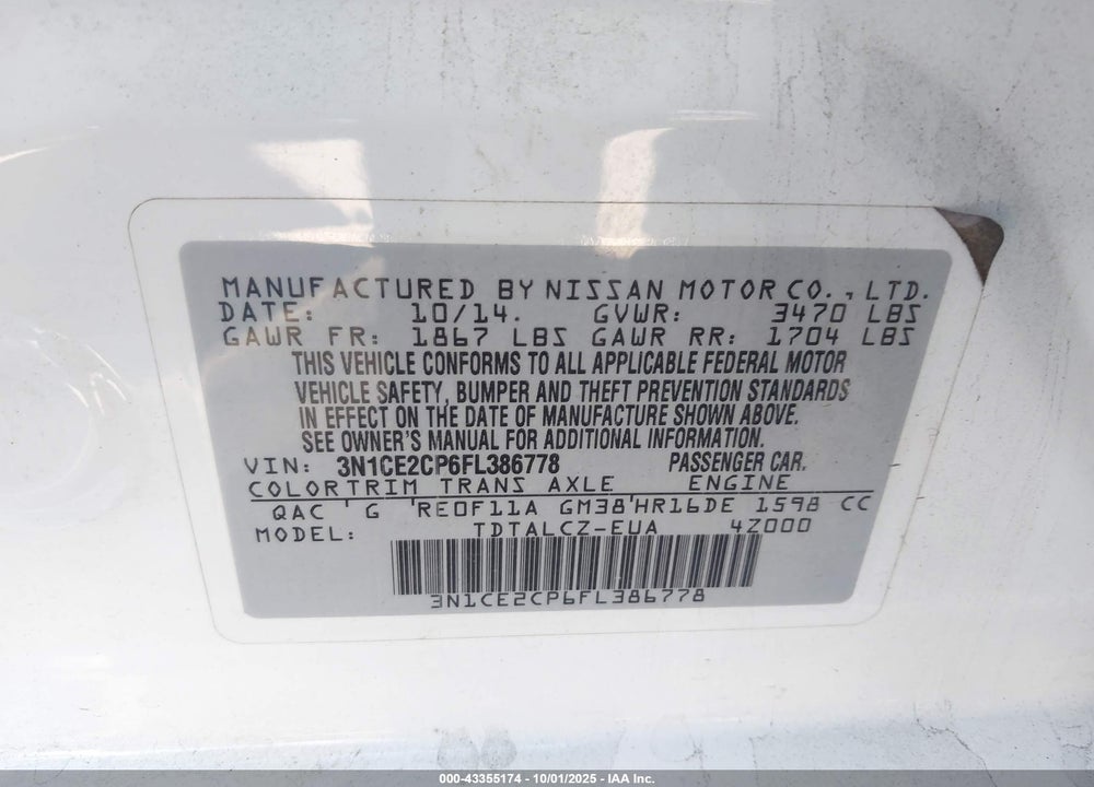 2015 NISSAN VERSA NOTE S PLUS VIN: 3N1CE2CP6FL386778