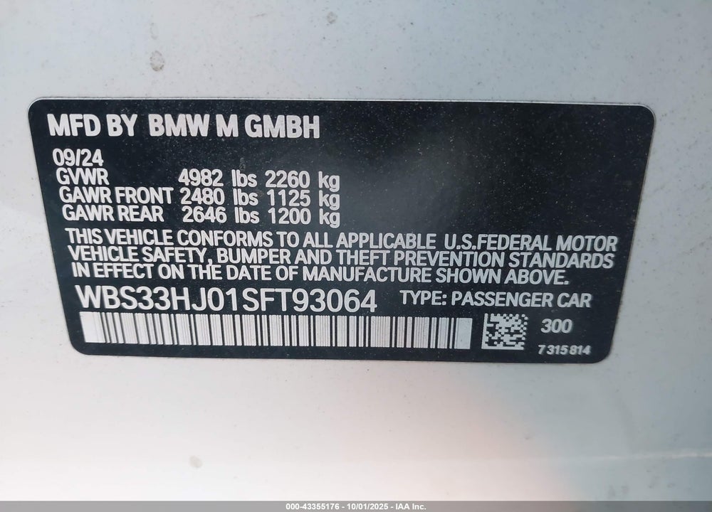2025 BMW M3 VIN: WBS33HJ01SFT93064