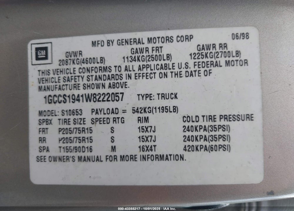 1998 CHEVROLET S-10 LS FLEETSIDE VIN: 1GCCS1941W8222057