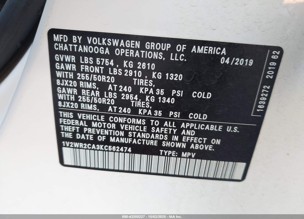 2019 VOLKSWAGEN ATLAS VIN: 1V2WR2CA3KC562474
