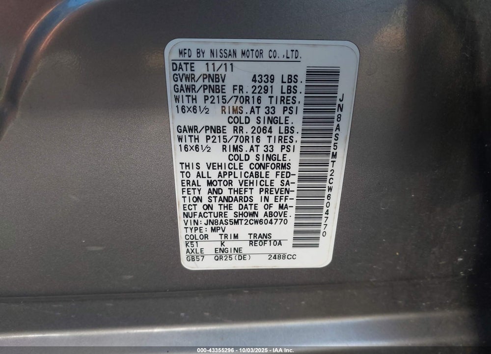 2012 NISSAN ROGUE SPORT VIN: JN8AS5MT2CW604770