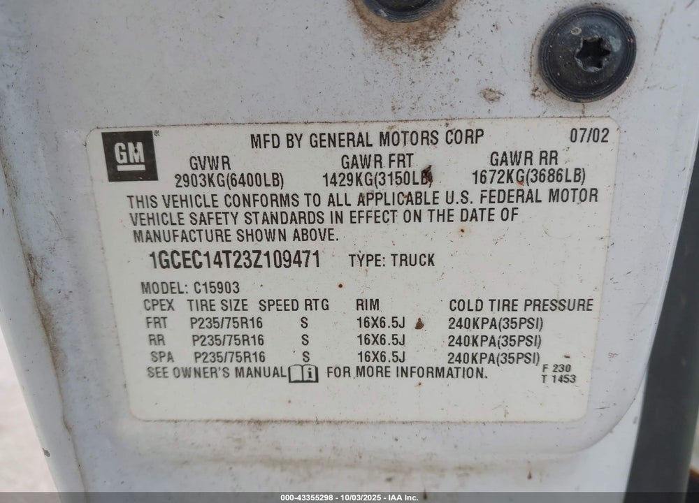 2003 CHEVROLET SILVERADO 1500 WORK TRUCK VIN: 1GCEC14T23Z109471