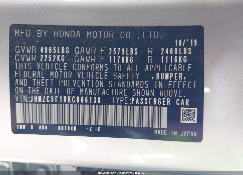 2019 HONDA CLARITY PLUG-IN HYBRID VIN: JHMZC5F18KC006138