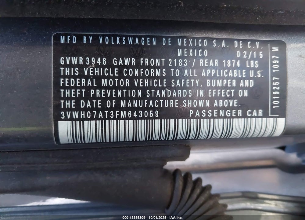 2015 VOLKSWAGEN BEETLE VIN: 3VWH07AT3FM643059